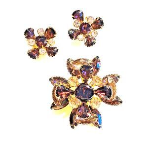 Vintage Beaujewels Jewelry Set Gold Clip On Earrings & Brooch Purple Rhinestones